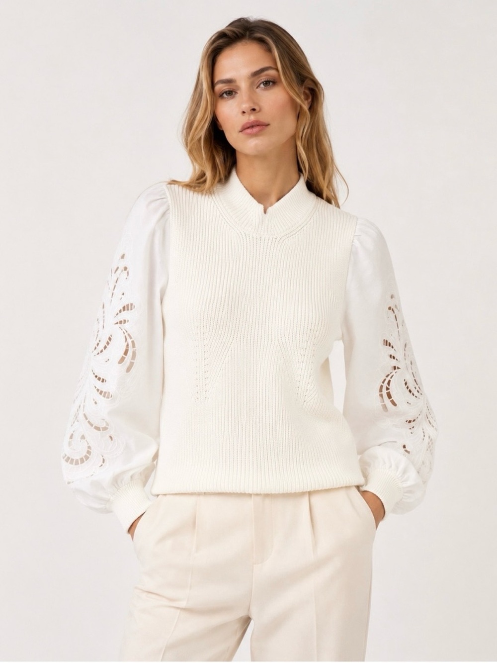 NWT Twinset Milano Ivory Mixed Media Knit Sweater Embroidered Puff Sleeve S